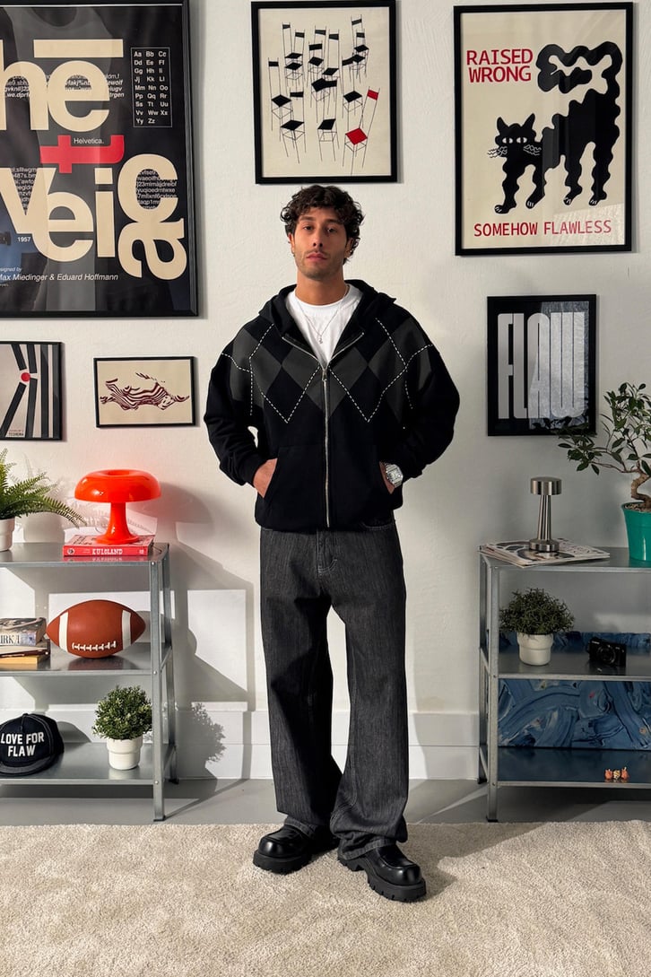 Baklava Desenli Zip Hoodie