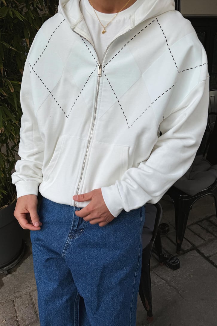 Baklava Desenli Zip Hoodie