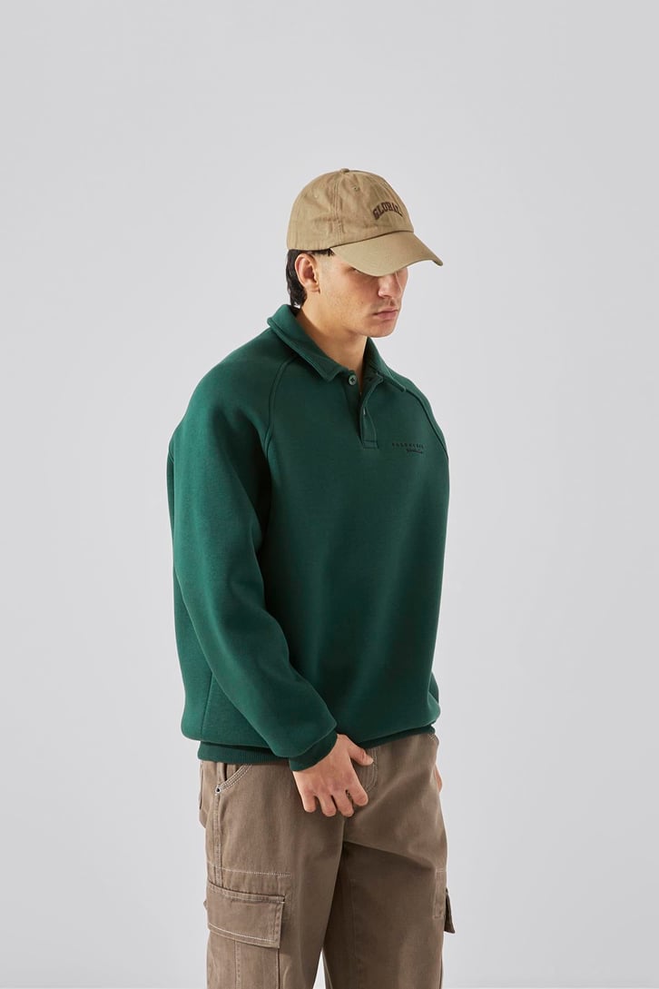 Bakunchık Baskılı Polo Yaka Yeşil Sweatshirt