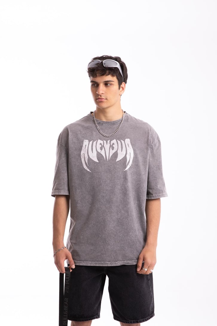 Barbed Text Baskılı Acid Wash Oversize Tshirt