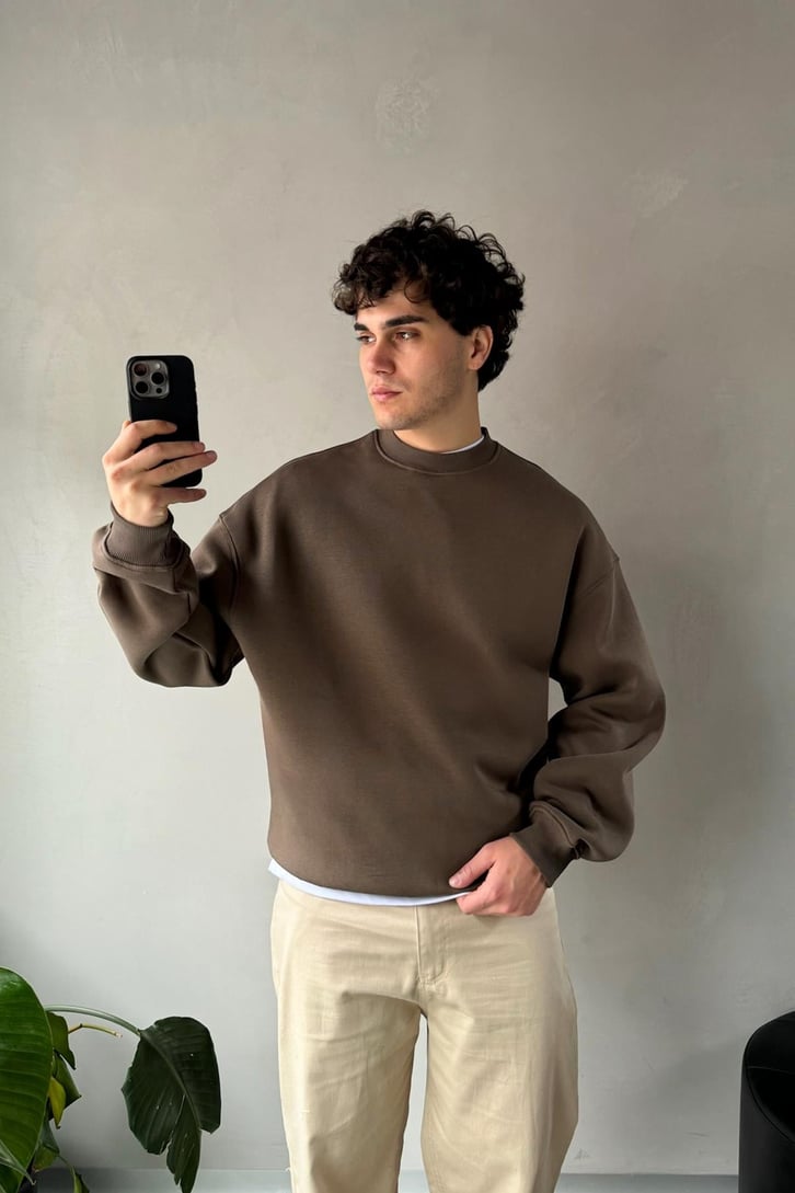 Basic Açık Kahve Oversize Sweatshirt