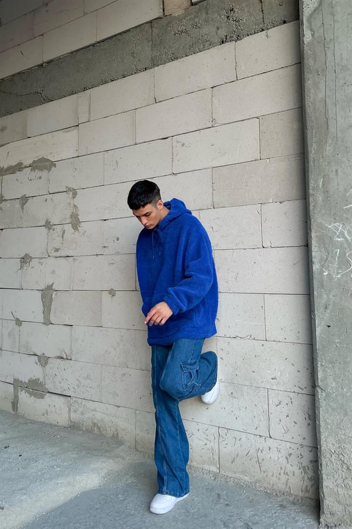 Basic Açık Mavi Peluş Hoodie