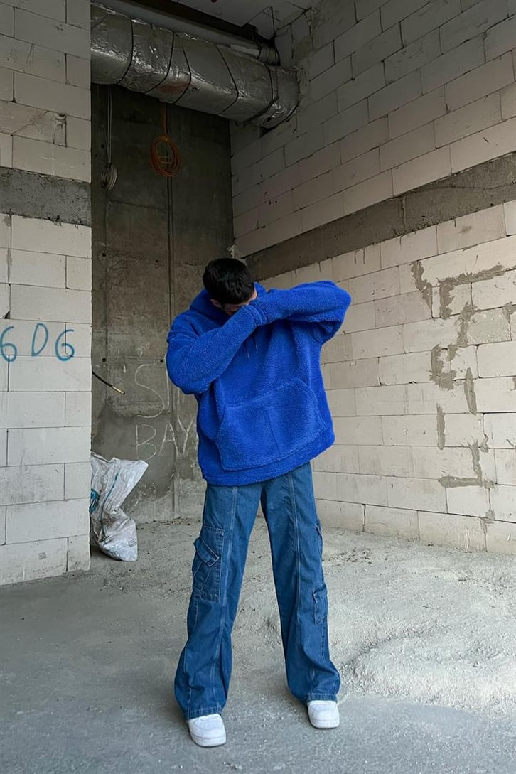 Basic Açık Mavi Peluş Hoodie