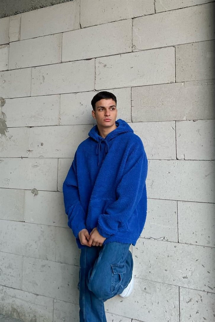 Basic Açık Mavi Peluş Hoodie