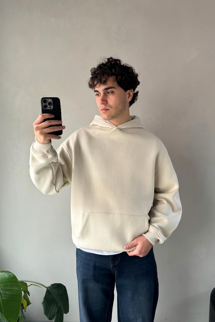 Basic Bej Oversize Hoodie