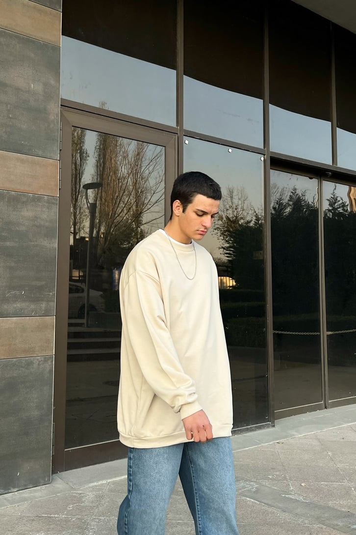 Basic Bej Oversize Sweatshirt