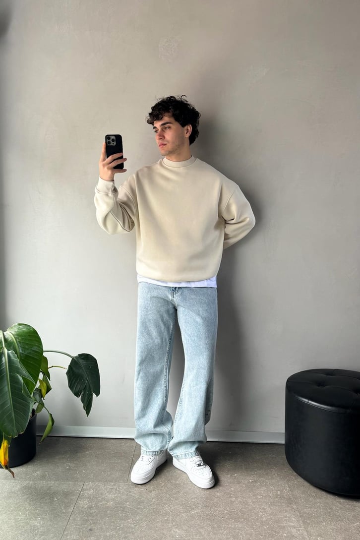 Basic Bej Oversize Sweatshirt