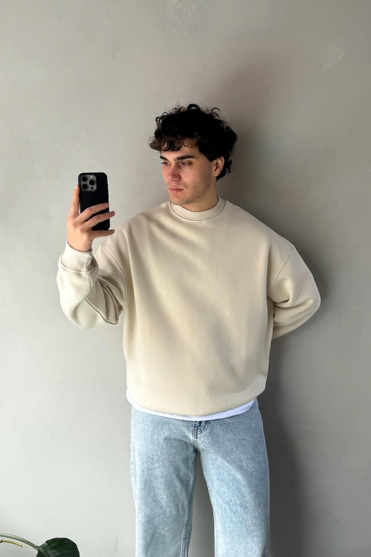 Basic Bej Oversize Sweatshirt