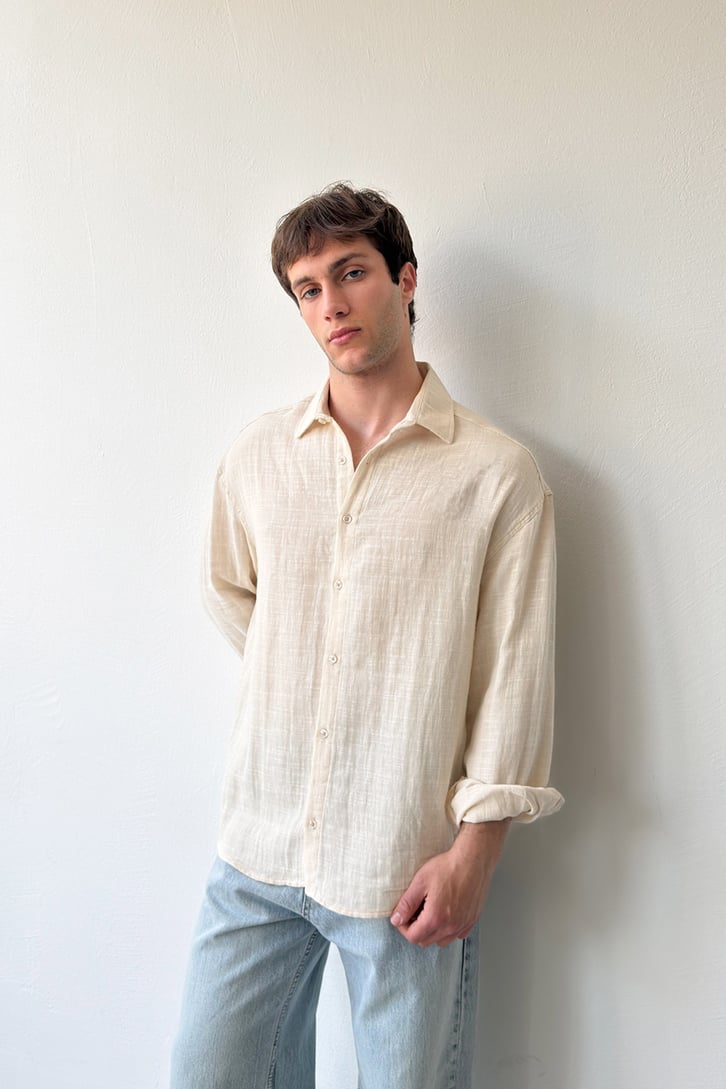 Basic Bej Pamuklu Keten Oversize Gömlek