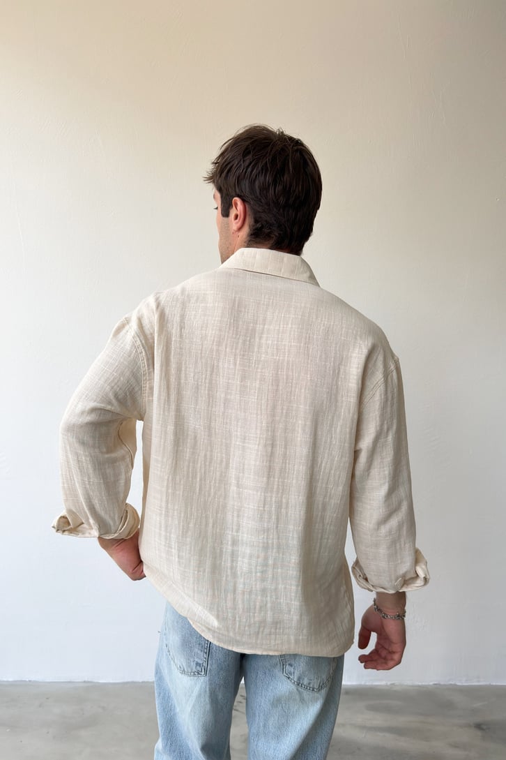 Basic Bej Pamuklu Keten Oversize Gömlek
