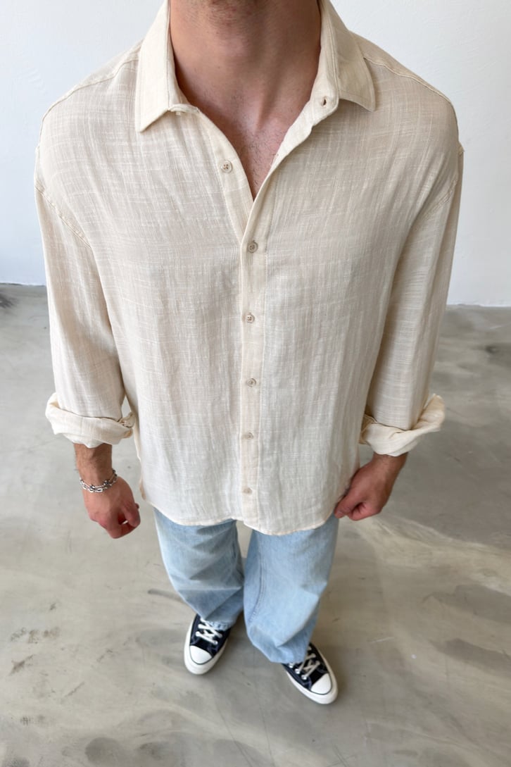 Basic Bej Pamuklu Keten Oversize Gömlek