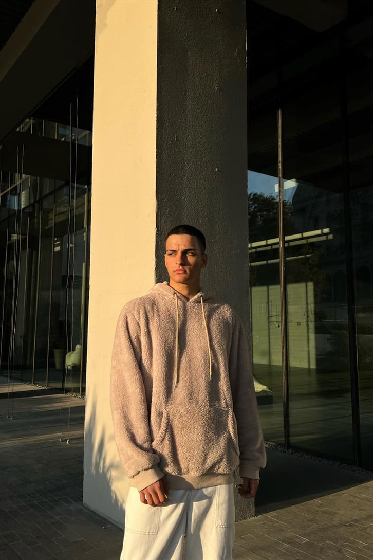Basic Bej Peluş Hoodie