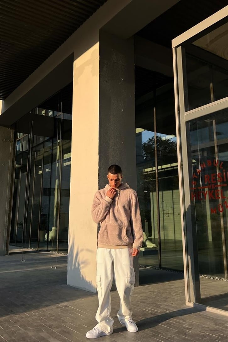 Basic Bej Peluş Hoodie