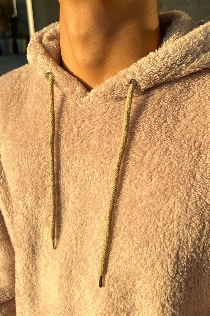Basic Bej Peluş Hoodie