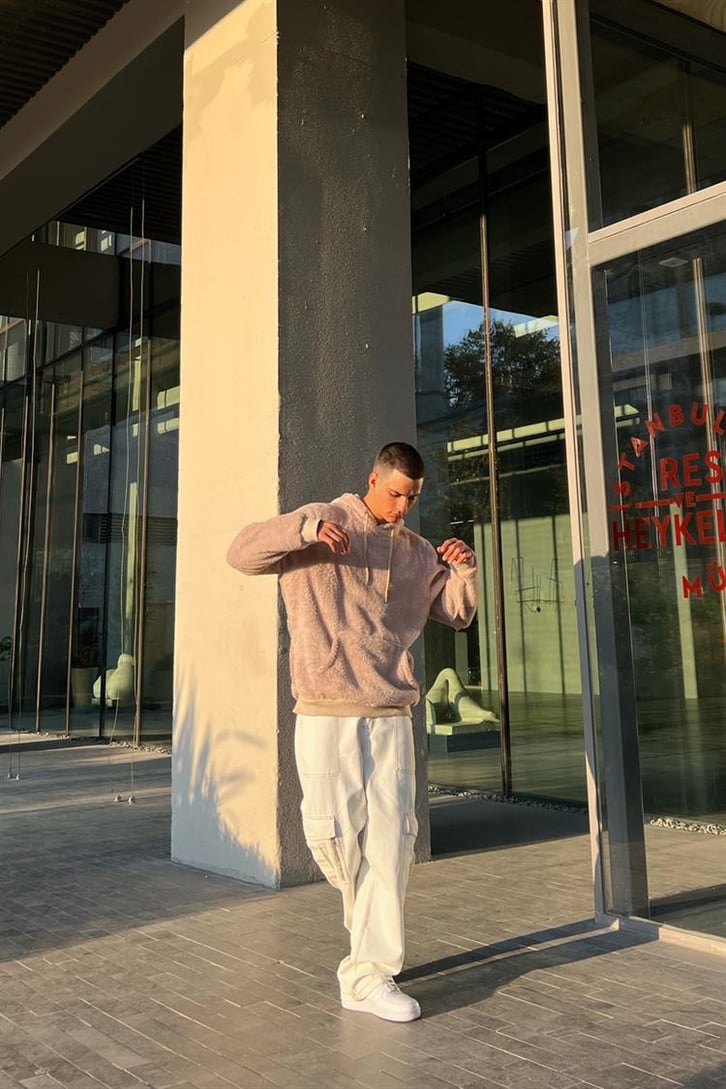Basic Bej Peluş Hoodie