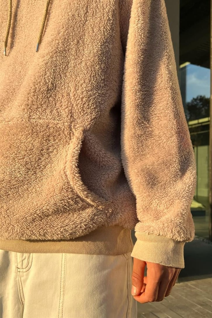 Basic Bej Peluş Hoodie