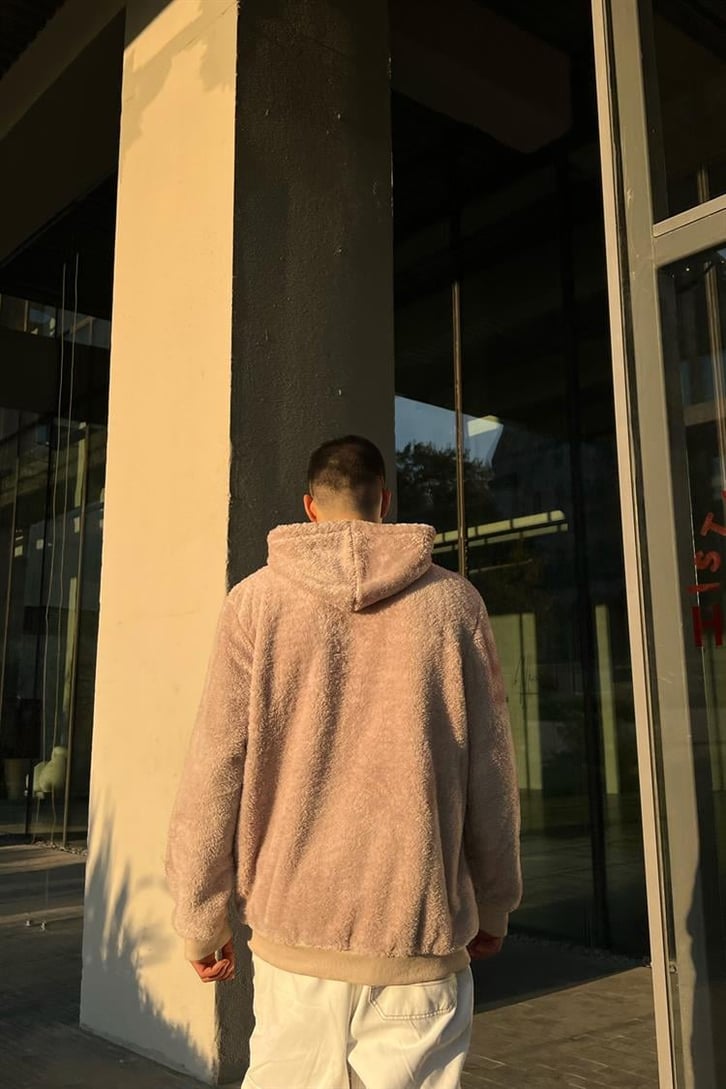 Basic Bej Peluş Hoodie