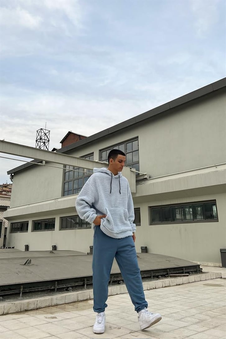 Basic Buz Mavi İçi Pamuklu Peluş Hoodie