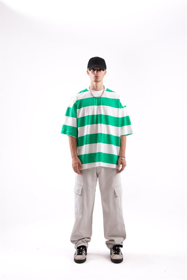Basic Çizgili Yeşil Oversize Tshirt