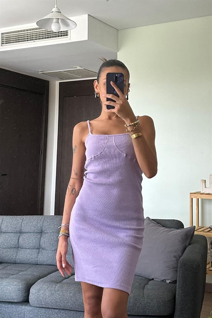 Basic Dikiş Detaylı Mini Lila Elbise