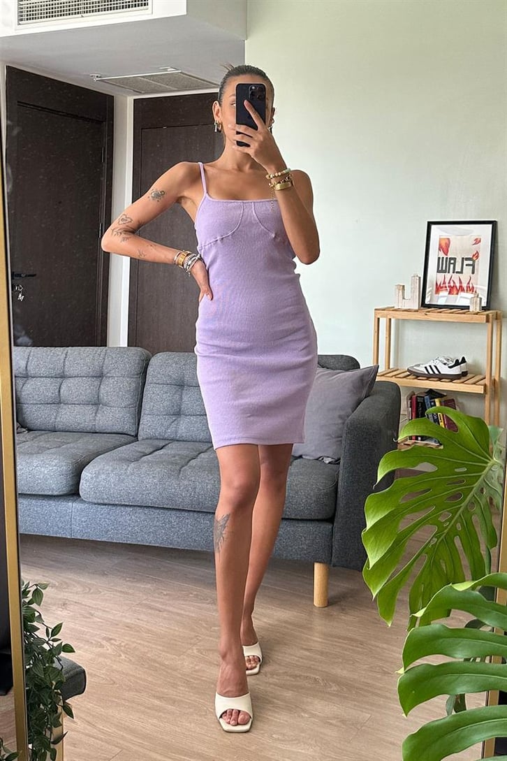 Basic Dikiş Detaylı Mini Lila Elbise