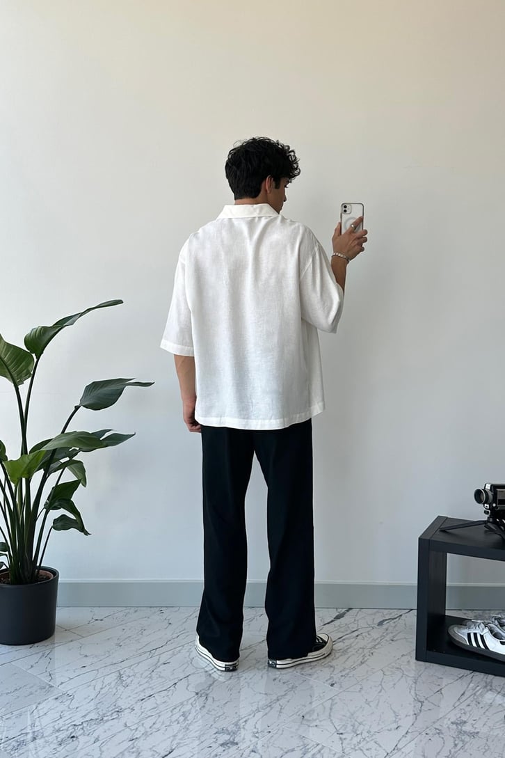 Basic Ekru Kısa Kol Oversize Gömlek