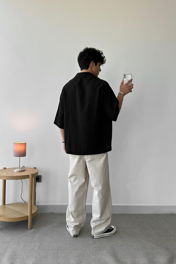 Basic Ekru Kısa Kol Oversize Gömlek