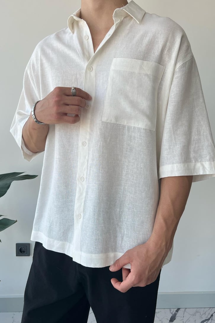 Basic Ekru Kısa Kol Oversize Gömlek