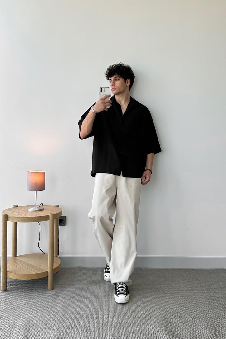 Basic Ekru Kısa Kol Oversize Gömlek