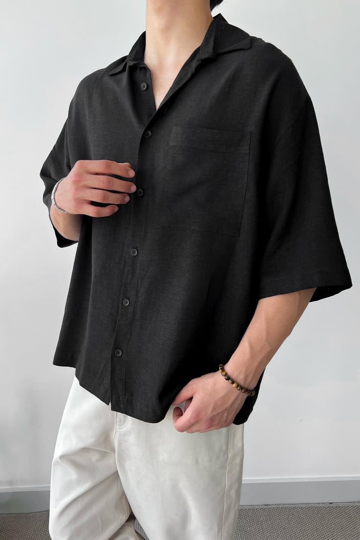 Basic Ekru Kısa Kol Oversize Gömlek