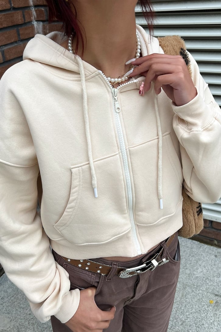 Basic Fermuarlı Bej Crop Sweatshirt