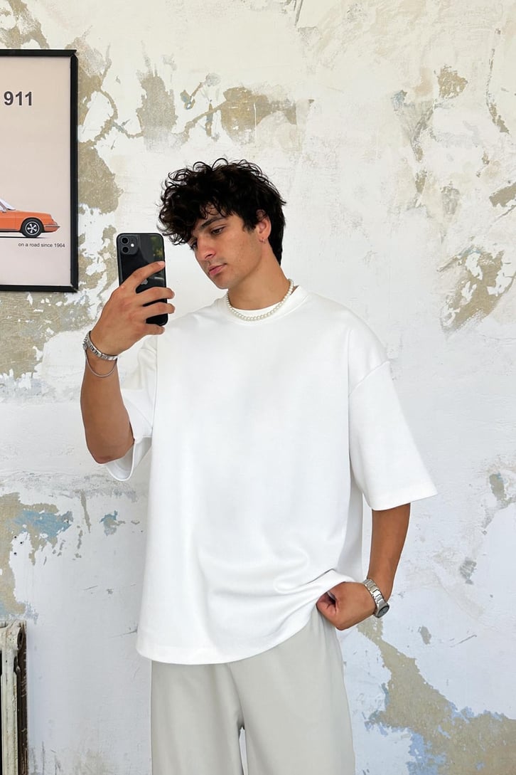 Basic Fitil Dokulu Oversize Tişört