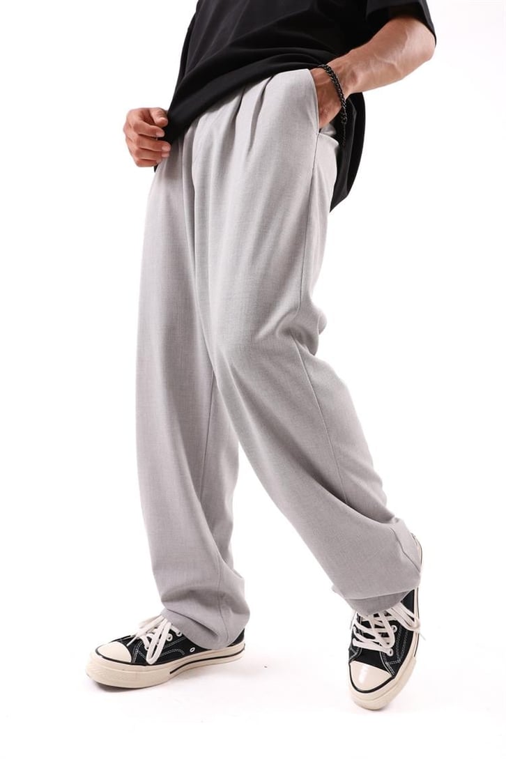 Basic Gri Beli Pileli Baggy Kumaş Pantolon