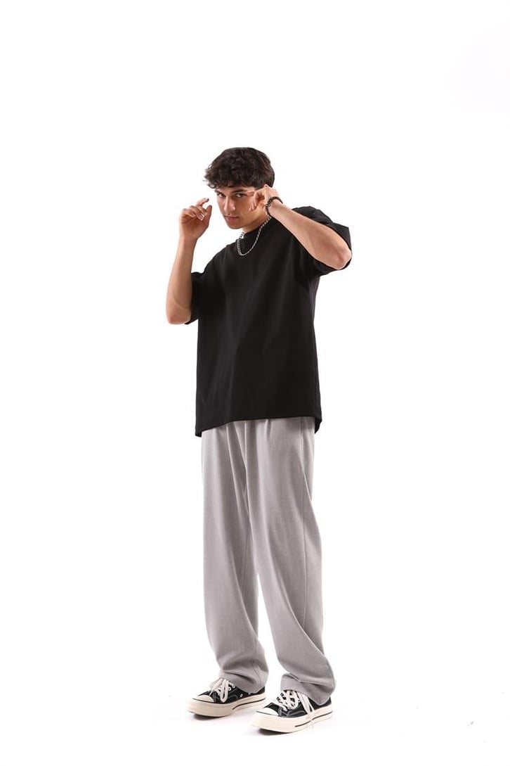 Basic Gri Beli Pileli Baggy Kumaş Pantolon