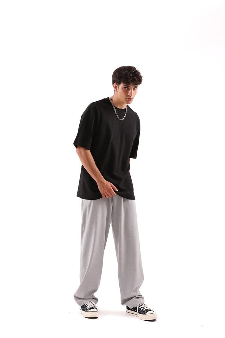 Basic Gri Beli Pileli Baggy Kumaş Pantolon