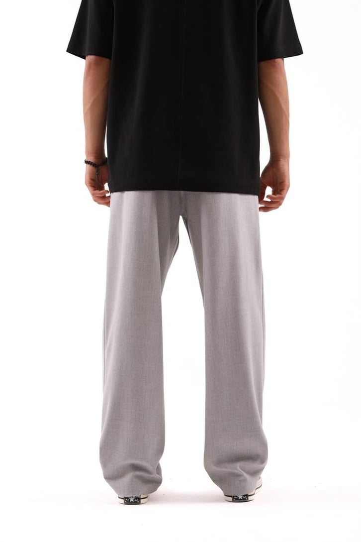 Basic Gri Beli Pileli Baggy Kumaş Pantolon