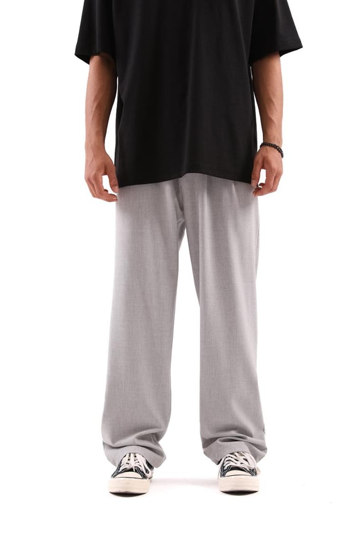 Basic Gri Beli Pileli Baggy Kumaş Pantolon