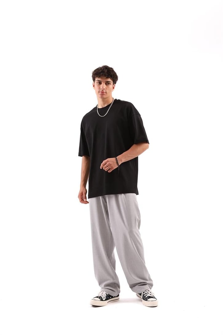 Basic Gri Beli Pileli Baggy Kumaş Pantolon