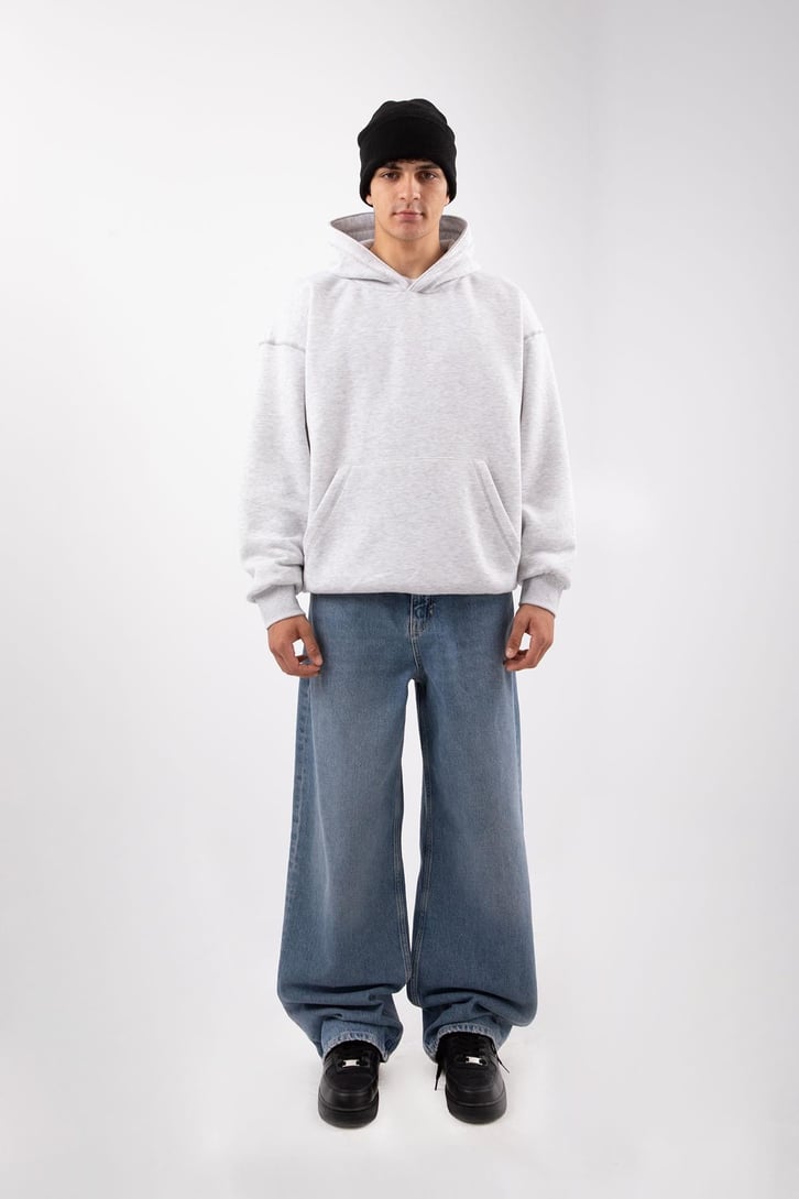 Basic Gri Melanj Oversize Hoodie