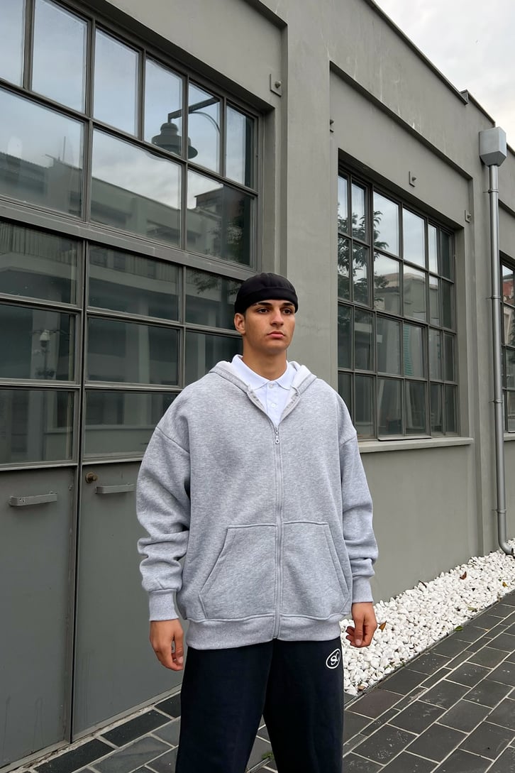 Basic Gri Oversize Zipper Hoodie