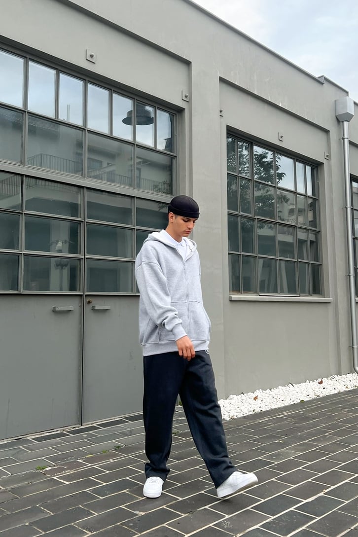 Basic Gri Oversize Zipper Hoodie