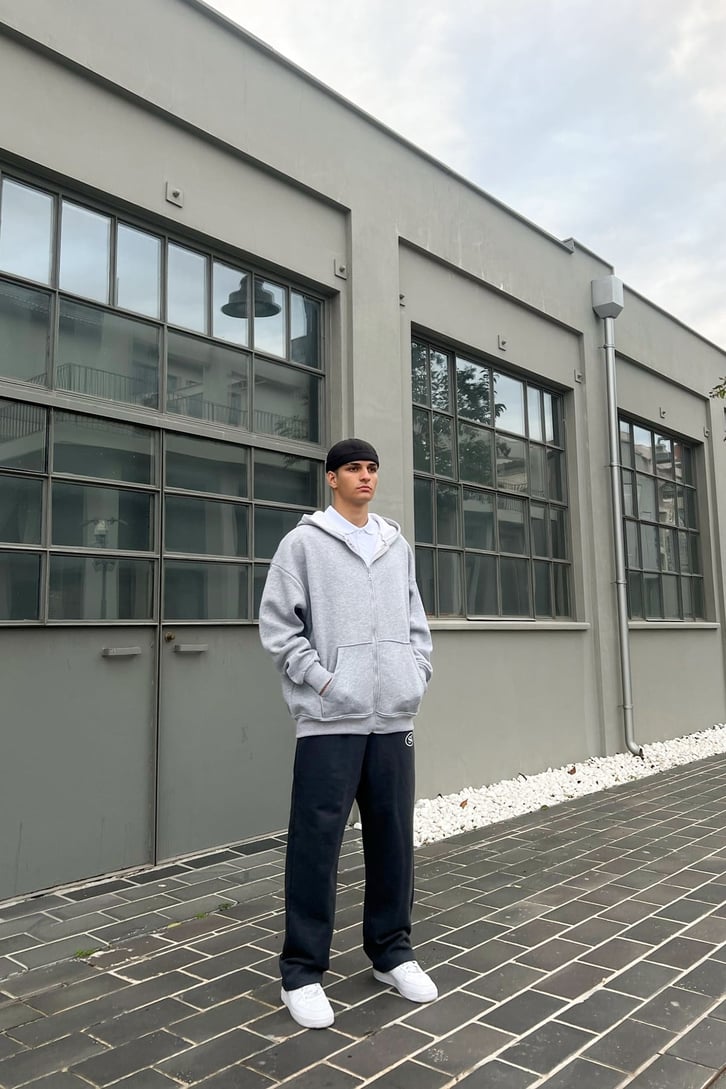 Basic Gri Oversize Zipper Hoodie