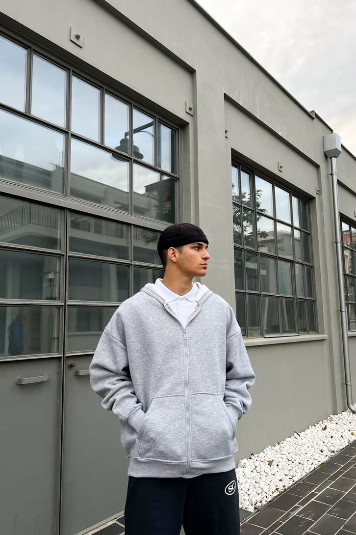 Basic Gri Oversize Zipper Hoodie
