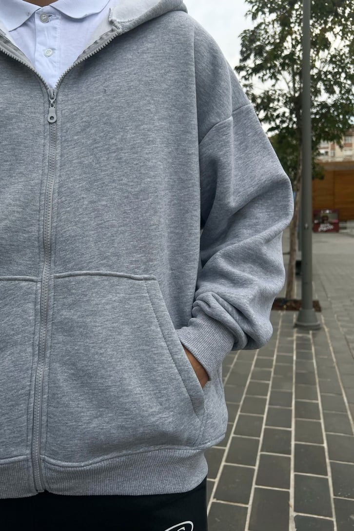 Basic Gri Oversize Zipper Hoodie