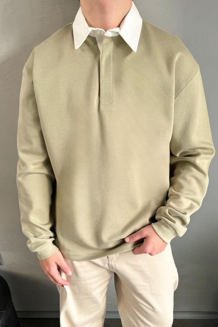 Basic Haki Polo Yaka Uzun Kol Tişört