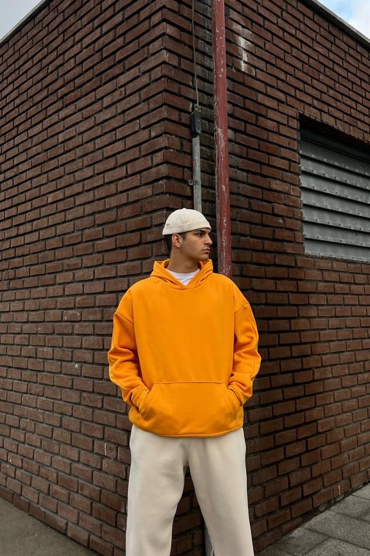 Basic Hardal İçi Pamuklu Oversize Hoodie