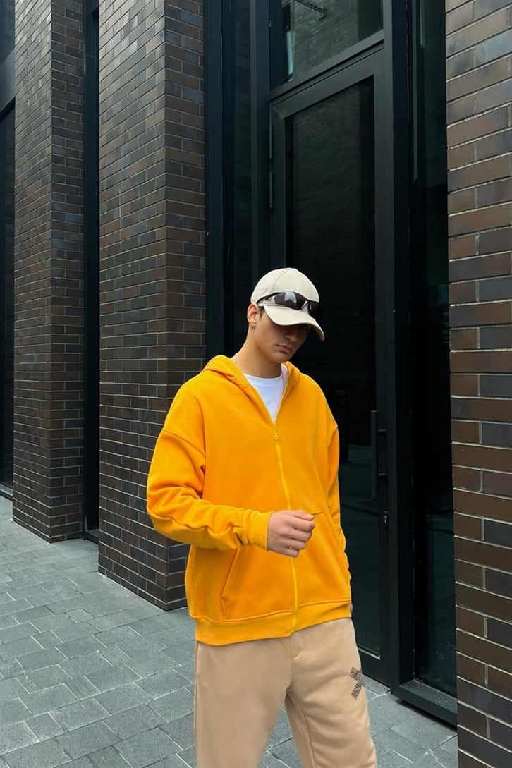 Basic Hardal İçi Pamuklu Oversize Zipper Hoodie