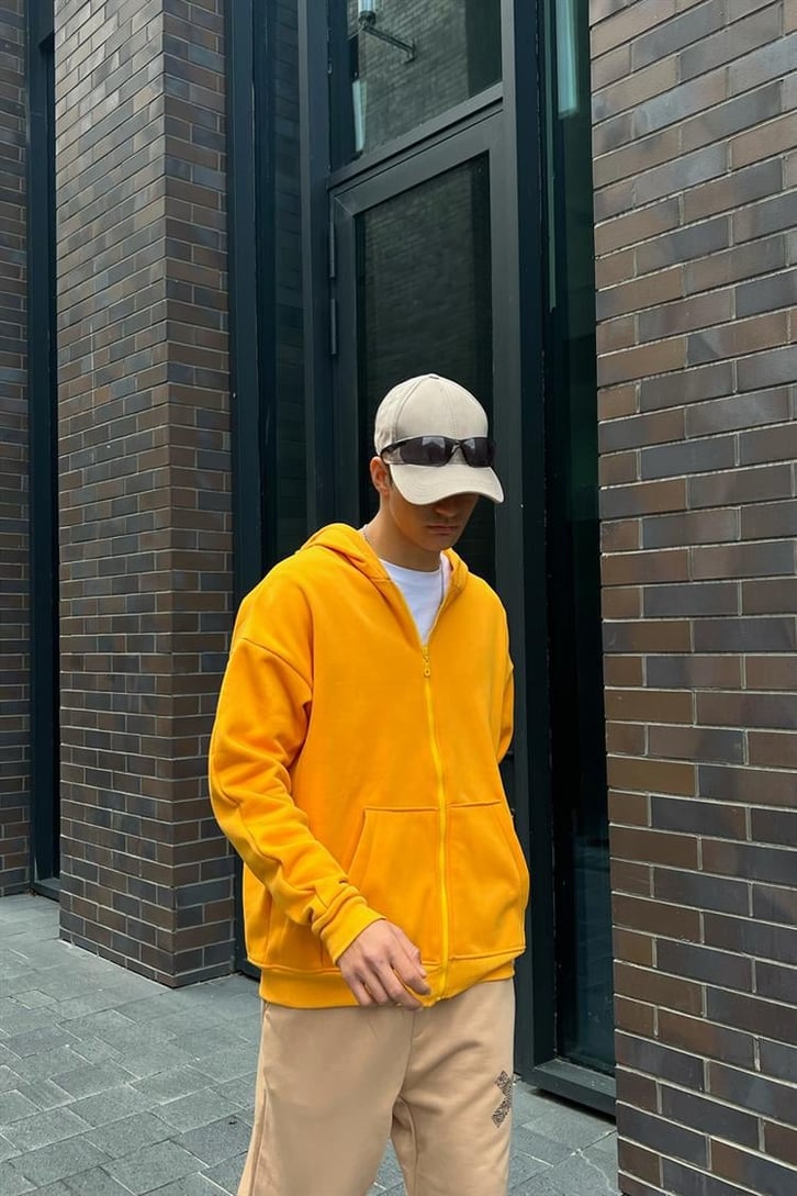Basic Hardal İçi Pamuklu Oversize Zipper Hoodie