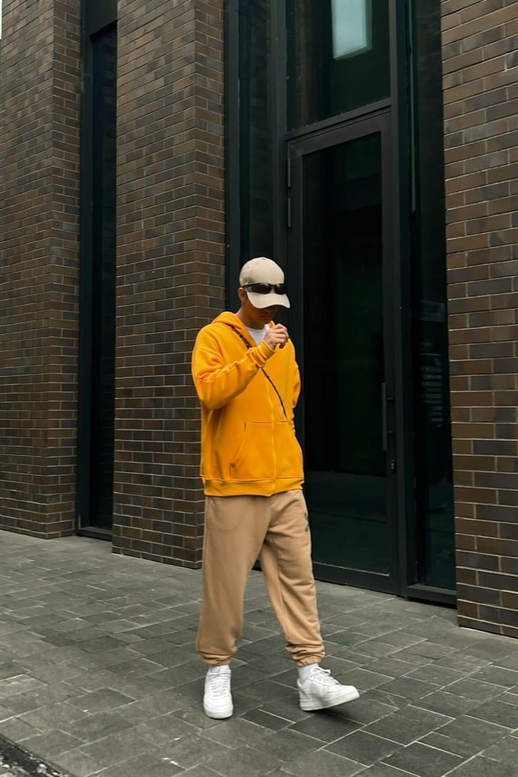 Basic Hardal İçi Pamuklu Oversize Zipper Hoodie