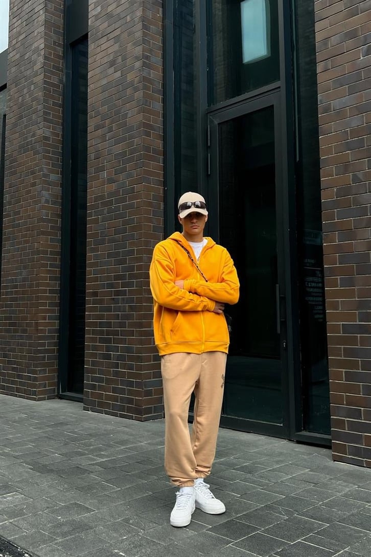 Basic Hardal İçi Pamuklu Oversize Zipper Hoodie